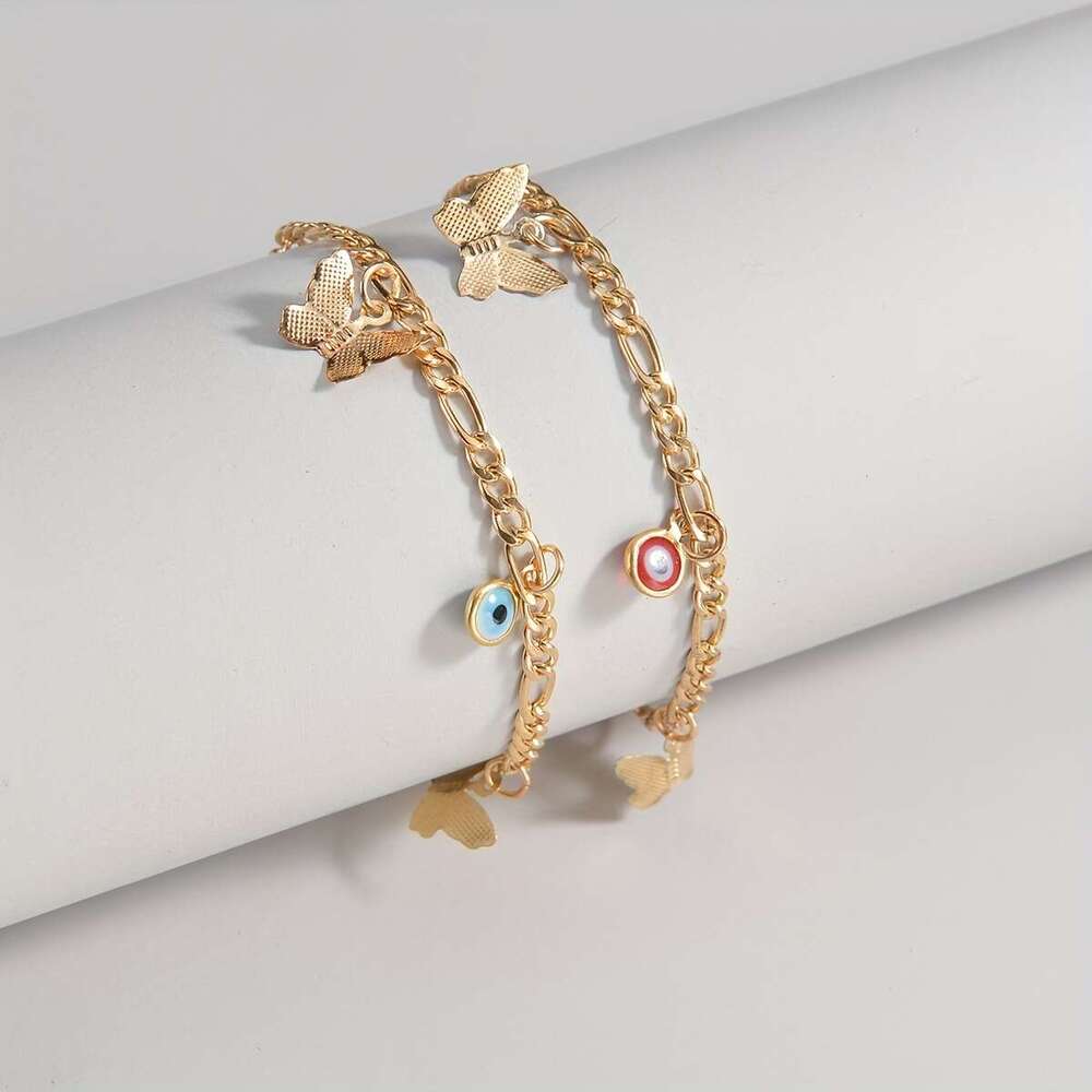 Classic Butterfly Pendant Devil's Eye Tassel Decorative Anklet Bohemian Style Double Layer Stacked Foot Jewelry Personalized