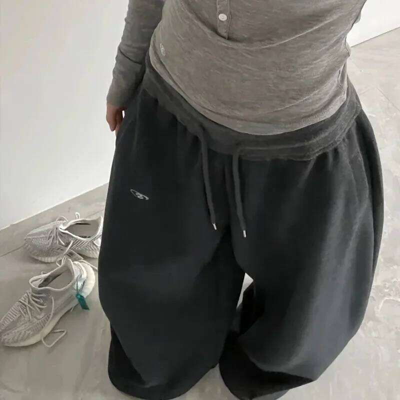 American Retro Hip-Hop Oversized Woman Black Casual Sweatpants Korean Streetwear Loose Jogging High Waist Wide-Leg Pants