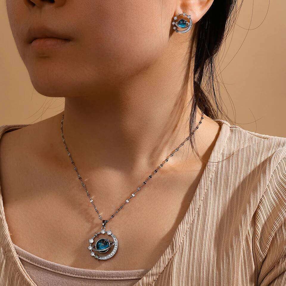 ZAKOL 2Pcs Titanium Steel Planet Round Earring Necklace Sets for Women Niche Fashion Female Birthday Jewelry Gift
