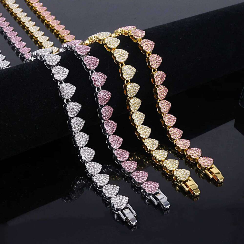 ZAKOL New 11mm Width Heart Hip Hop Bracelet Necklace Shiny Pink Clear Rhinestone CZ Street Rock Ornaments Jewelry for Women Men