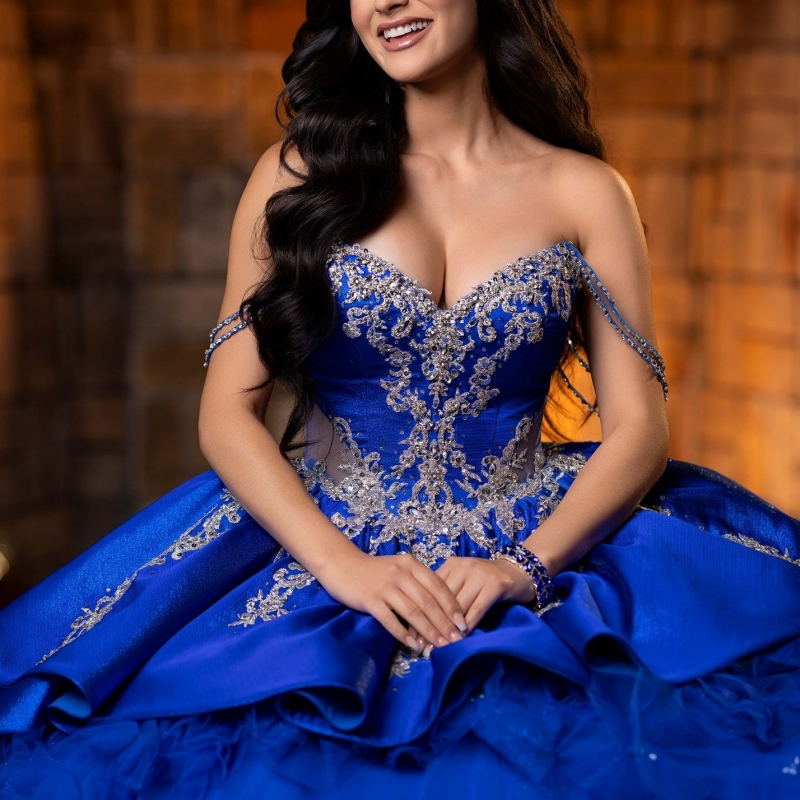 Royal Blue Shiny Quinceanera Dresses Ball Gown Off The Shoulder Applique Lace Beading Crystal Bow Tiered Tull Corset Party Birthday Sweet 16 Dres Vest