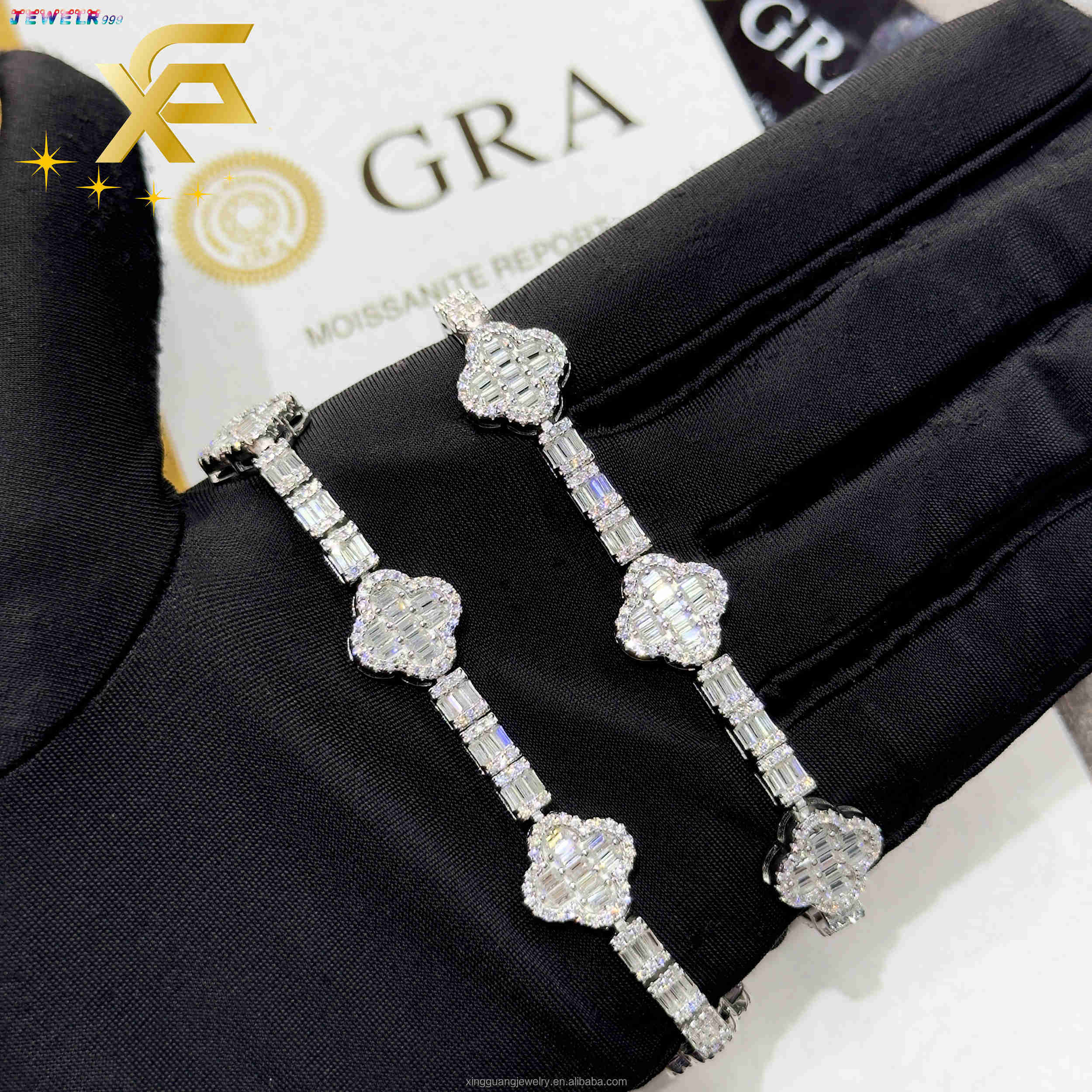 Baguette Clover 925 Sterling Silver Tennis Bracelet Custom Colorful Moissanite Fashion Jewelry for Gifts Parties Weddings