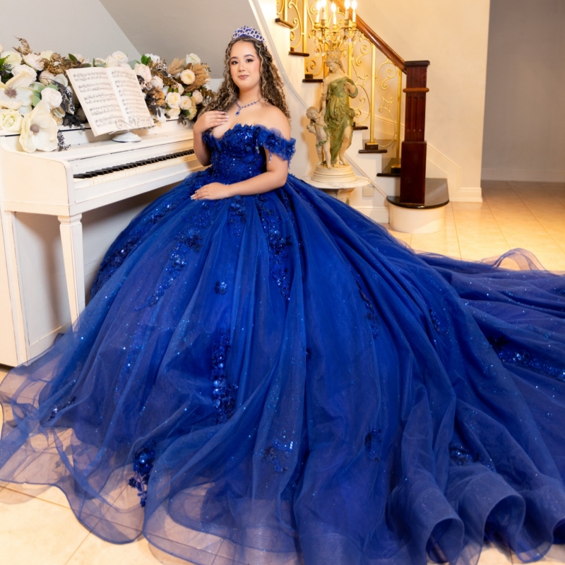 Royal Blue Shiny Quinceanera Dresses Ball Gown Off The Shoulder Applique Lace Beads Corset Party Birthday Sweet 16 Dres Vestidos 15 Anos