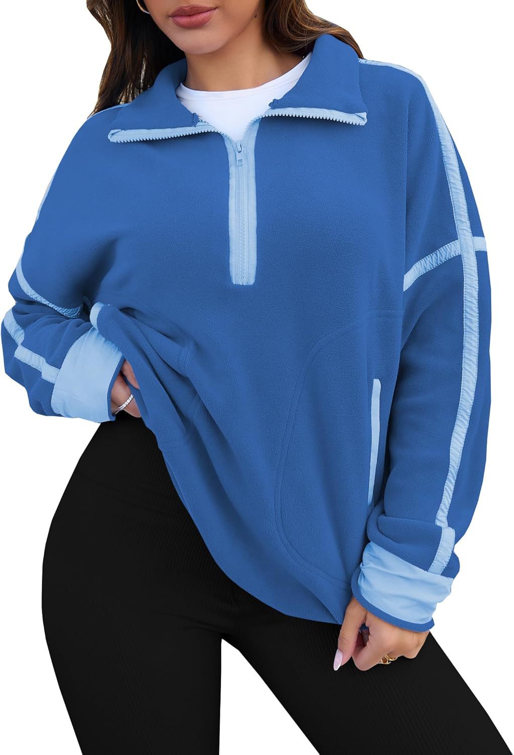 Women's Half Zip Patchwork Sweatshirt Casual Fashion Long-Sleeve Stand Collar Pullover Versatile Color-Block Polar Fleece Top With Pocket