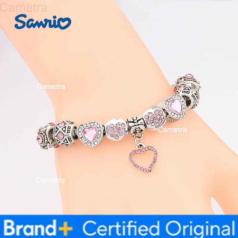 Sanrio New Valentines Romantic Pink Heart Charm Bracelet Bangle Fine Crystal Diy Bead Bracelet Jewelry for Women Girl Gift H251229