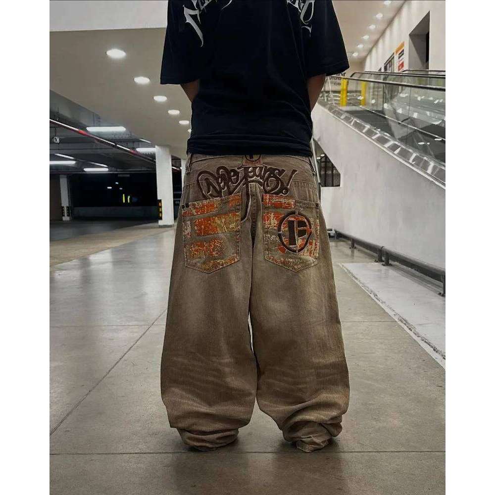 Y2K American Fashion New Oversize Letter Embroidered Yellow Washed Baggy Jeans Men Vintage Gothic Popular Casual Wide-leg Pants