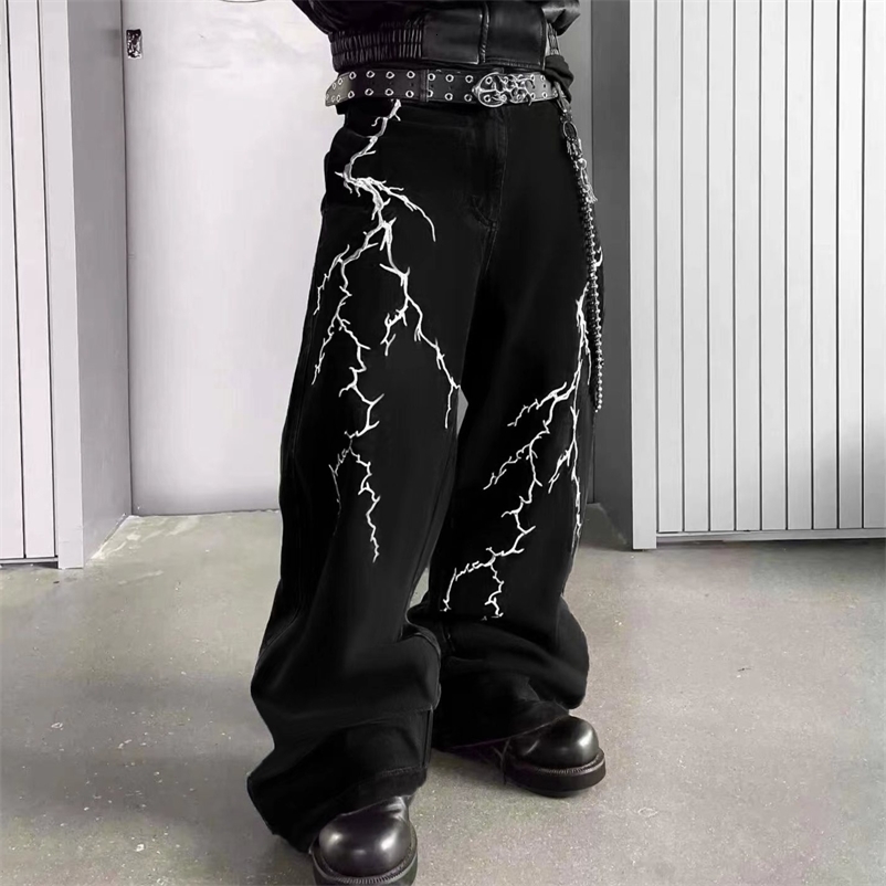 Y2k Fashion Baggy Jeans Black Mens Streetwear Straight Oversize Wide-leg Pants Vintage Lightning Pattern Loose Denim Trousers 251223