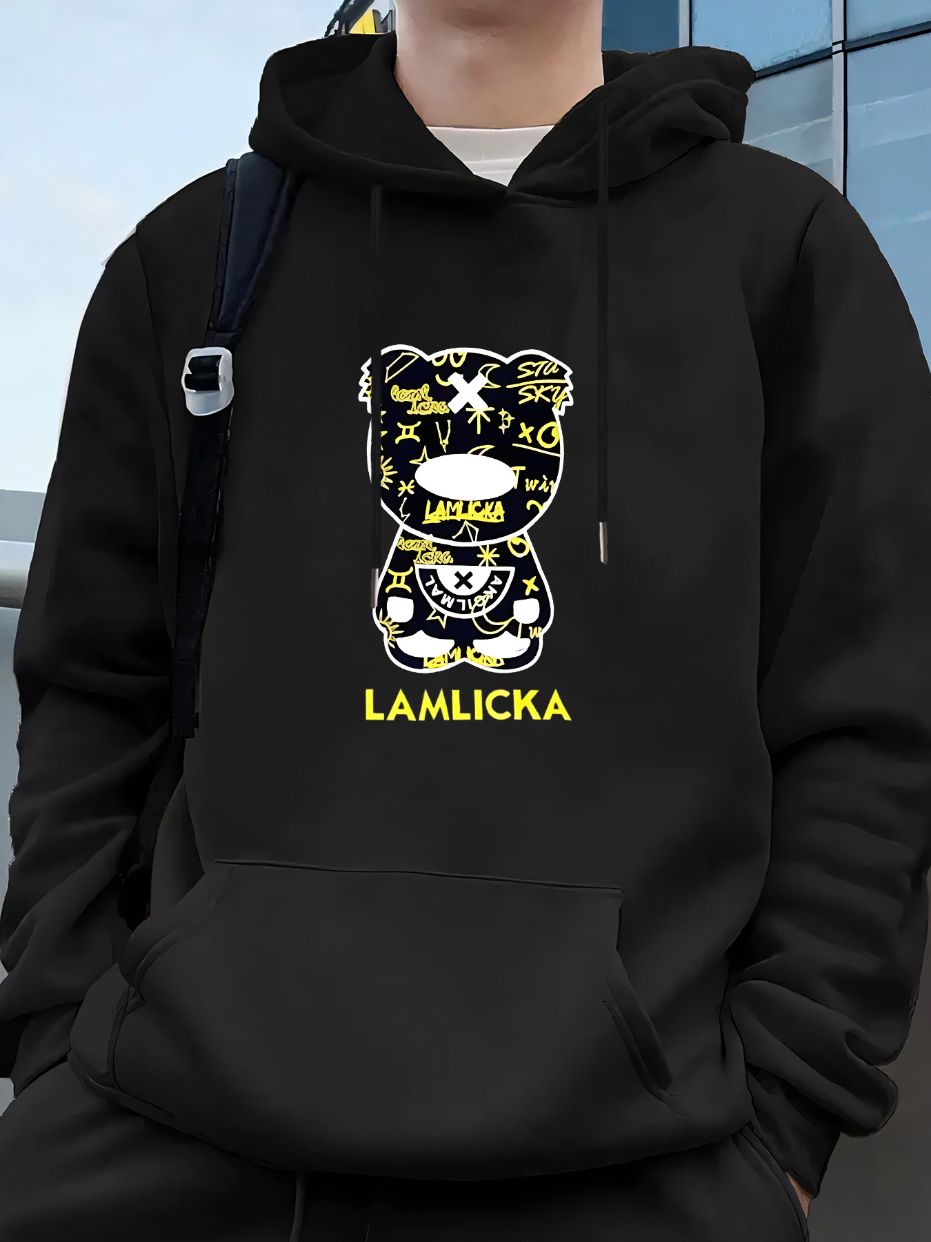 Men's Graphic Print Hooded Sweatshirt - Soft Polyester Blend Pullover with Front Pocket, Bold Yellow Bear & LA MIKKA Text Design, Machine Washabl