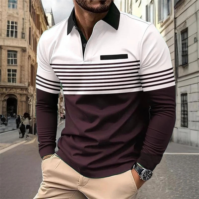 Mens Horizontal Stripes Graphic Polo Fall Winter Long Sleeve Shirts Athleisure Daily Wear 3D Print Breathable Buttons Tops 251219