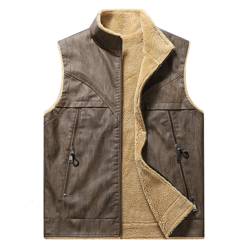 Mens Leather Vest Fleece Lined Warm Winter Motorcycle Jacket Casual Biker Jackets with Zipper Pocket Outwear Coat 251225