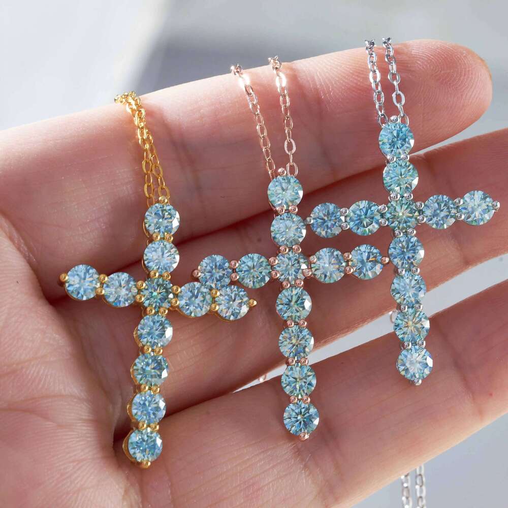 3mm/4mm Cross natural blue moissante pendant necklace 925 Sterling Silver Wedding Party fine Jewelry dating party gift 070