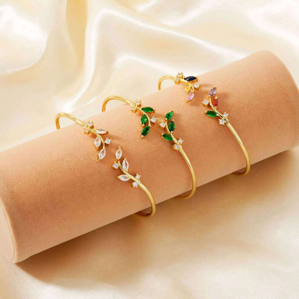 ZAKOL Simple Leaf Zircon Open Gold Color Stainless Steel Cuff Bracelet Pulseira Feminin Tiny Hand Jewelry