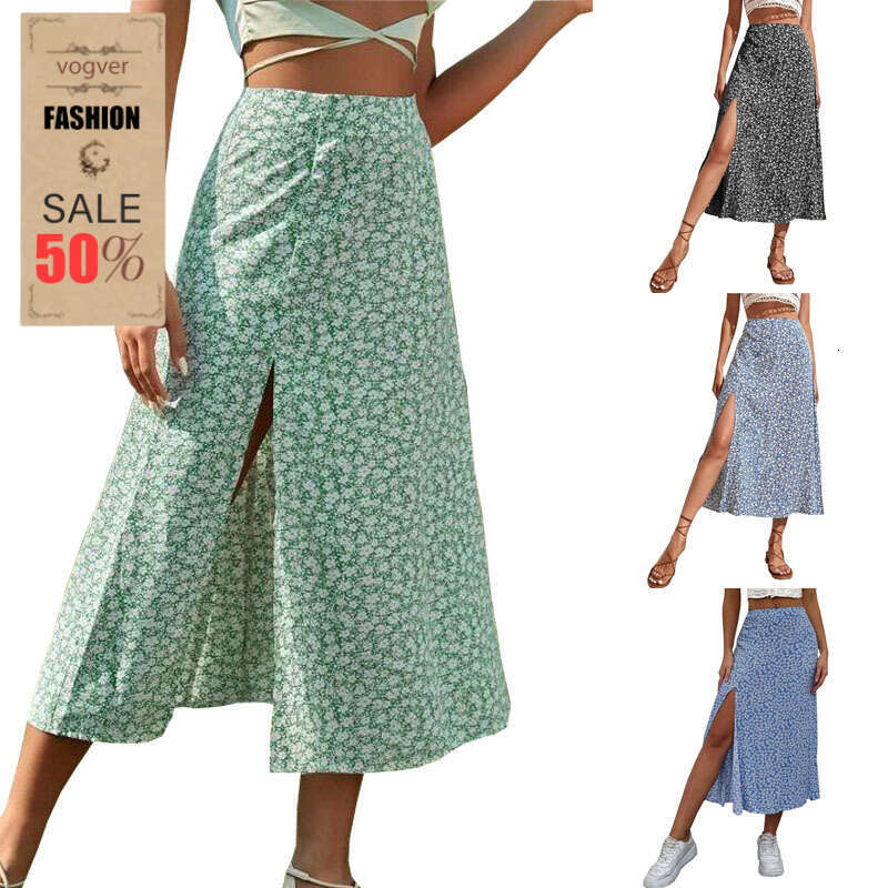 Women's New Floral Print Half A-Line Bodycon Long Skirt Summer Green Blue elegant chiffon maxi skirt for party
