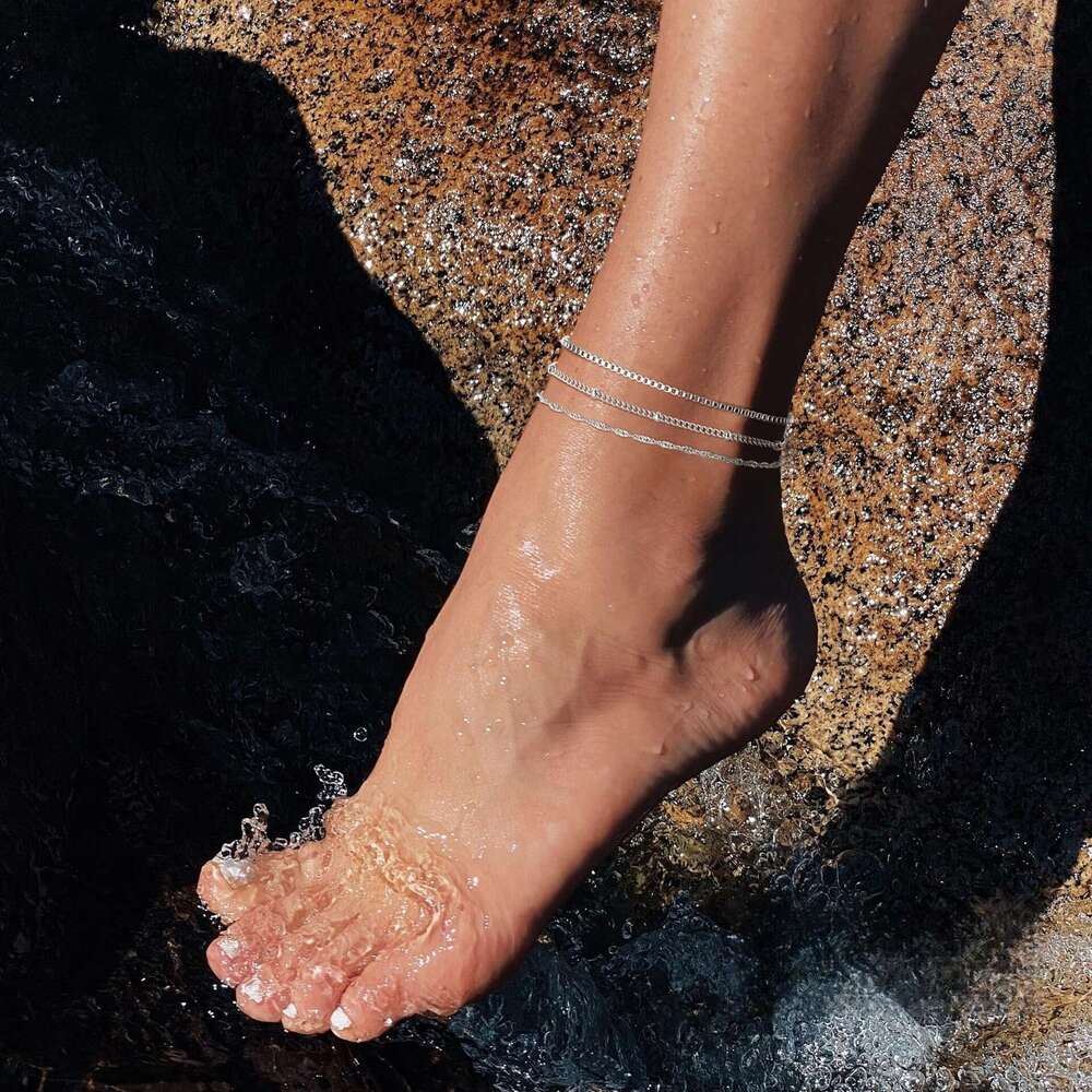 Cross-Border Best- Cross Inlaid Cuban Stainless Steel Braided Satellite Chain Anklet Layering Set