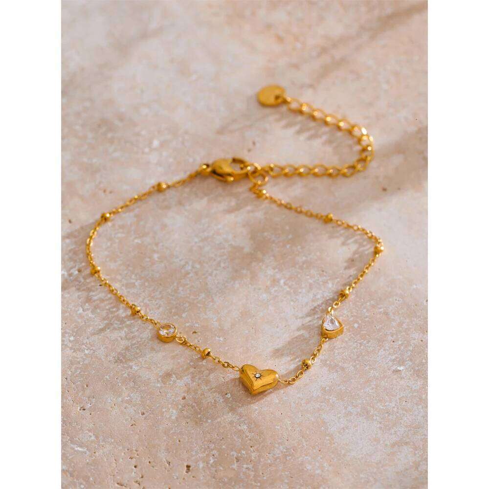 Yhpup Exquisite Stainless Steel Zircon Heart Love Chain Bracelet Bangle for Women Rust Proof Charm Wrist Jewelry Accessories 25H1229