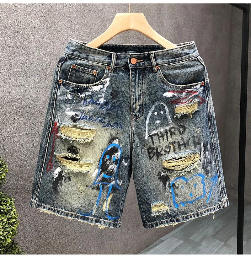 Mens Short Jeans Hip Hop Ripped Multi Color Male Denim Shorts Graphic Harajuku Vintage Knee Length Shorts Korean Fashion 251223