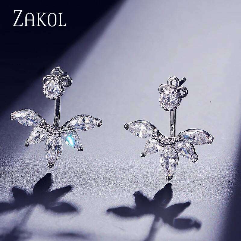 ZAKOL Fashion Leaf Stud Earrings For Women Girls Simpe Cubic Zircon Earring Jackets Party Jewelry