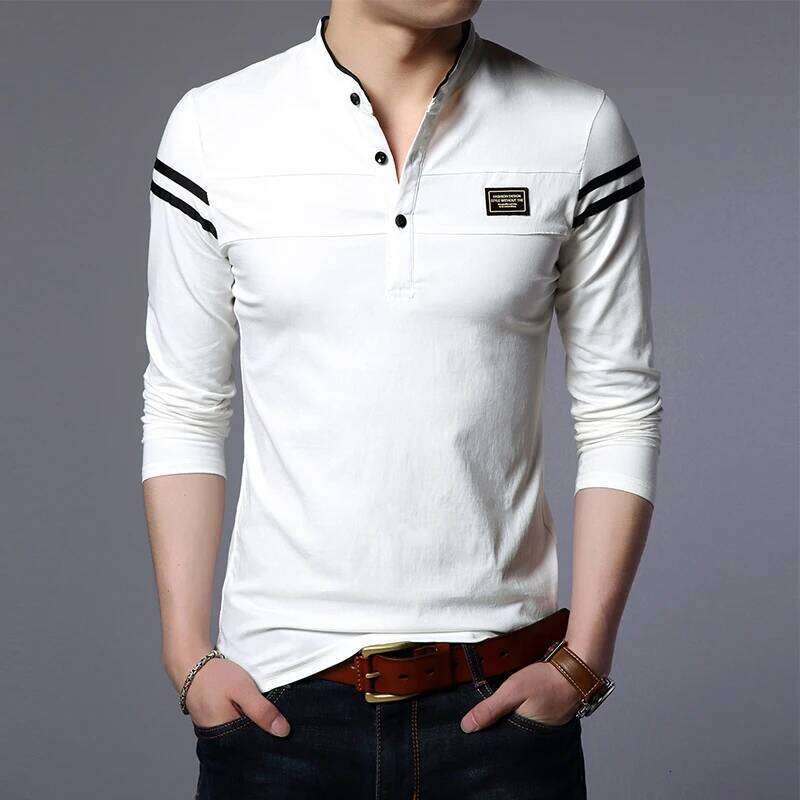 Men's Fashion Summer Sleeved POLO T-Shirt Casual Cotton Breathable Top Stand Up Neck Long Sleeve Korean Comfortable Shirt