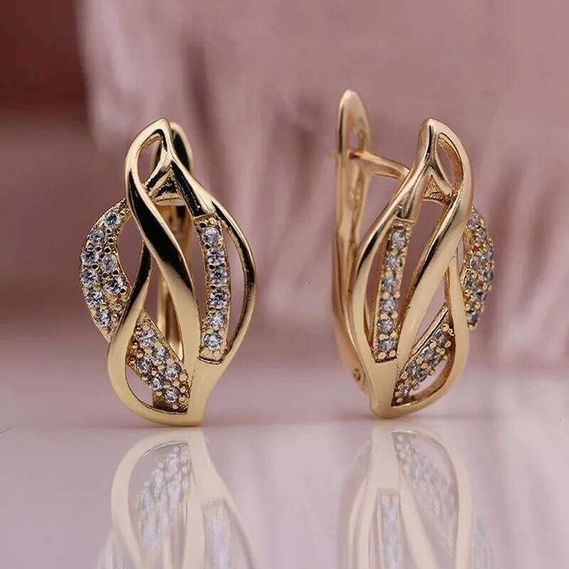Simple Leaf Shape Hollow Stud Earring For Women AAA Zircon Gold Color Plated Ear Accessories Jewelry Gift