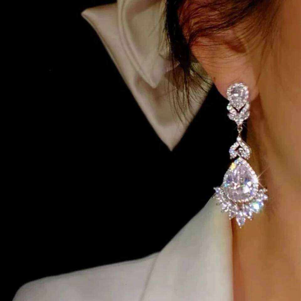 ZAKOL Luxury Clear AAA Zircon Big Dange Earring for Women Gorgeous Sliver Color Banquet Wedding Party Jewelry