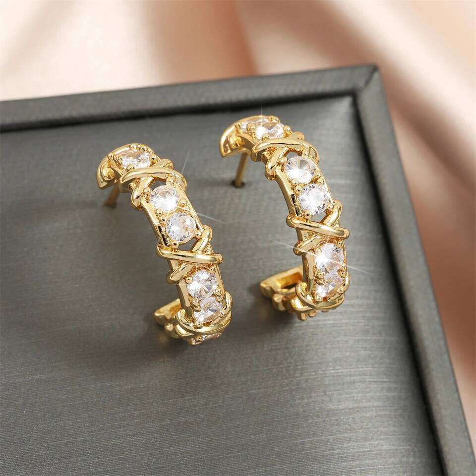 Vintage CC Design Hoop Earrings for Women Korean Fashion X Cross Zircon Earring Engagement Jewelry Gift
