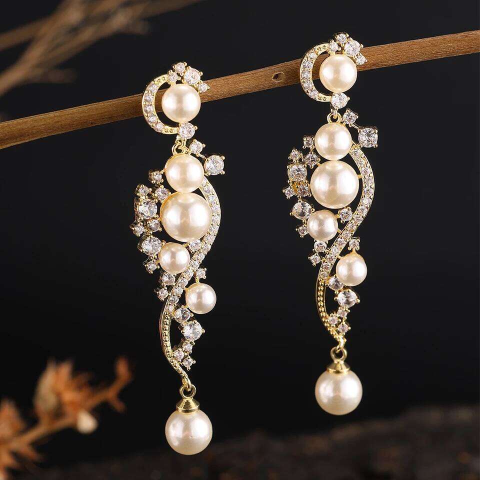 ZAKOL Luxury Shiny AAA Cubic Zirconia Hanging Earrings for Women Imitation Pearl Bridal Long Earring Women's Wedding Jewelry