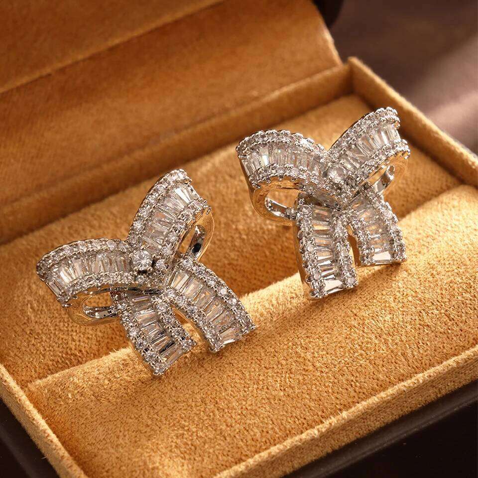ZAKOL Cute Sweet AAA Zirconia Bow Stud Earrings for Women Korean Fashion Aesthetic Engagement Wedding Jewelry