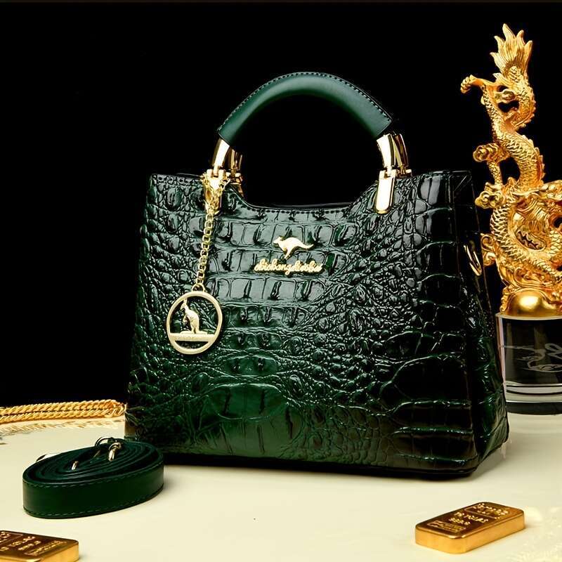 JINXIANGGUO Luxury Green Crocodile Embossed Handbag For Wo Elegant Shoulder Purse With Detachable Strap Golden Tone Hardware And Sophisticated Chain D