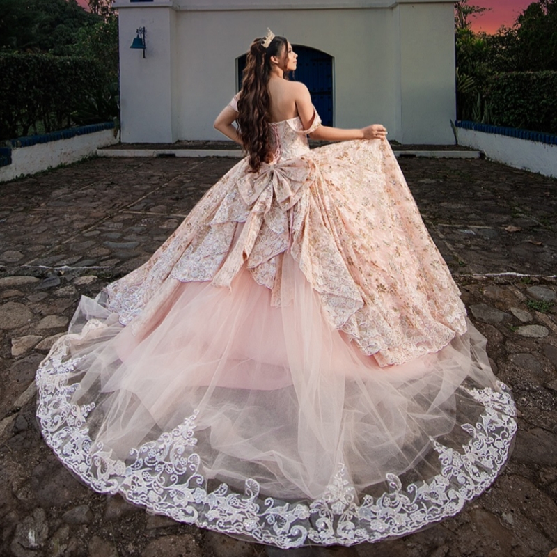 Pink Shiny Quinceanera Dresses Ball Gown Off The Shoulder Applique Lace Beading Crystal Bow Tull Corset Party Birthday Sweet 16 Dres Vestidos 15 Anos