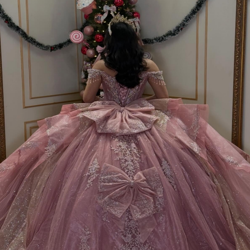Pink Shiny Quinceanera Dresses Ball Gown Off The Shoulder Applique Lace Beading Crystal Corset Party Birthday Sweet 16 Dres Vestidos 15 Anos