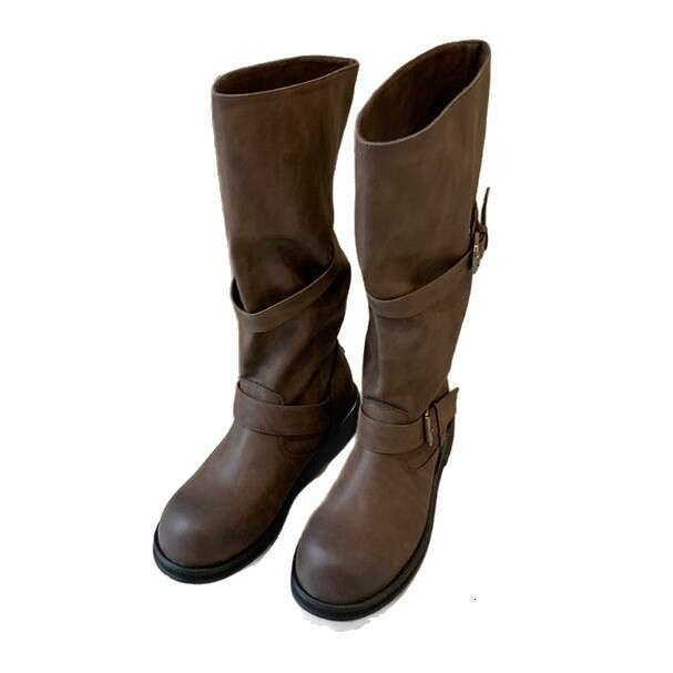 Internet Celebrity Style Round Toe Belt Buckle Wrinkled British Retro Polished Thick Heel Mid-Calf Riding Boots for Women