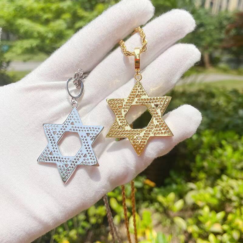 European and American Six Star Micro-inlaid Mens Necklace Star of David Hip Hop Pendant and Hot