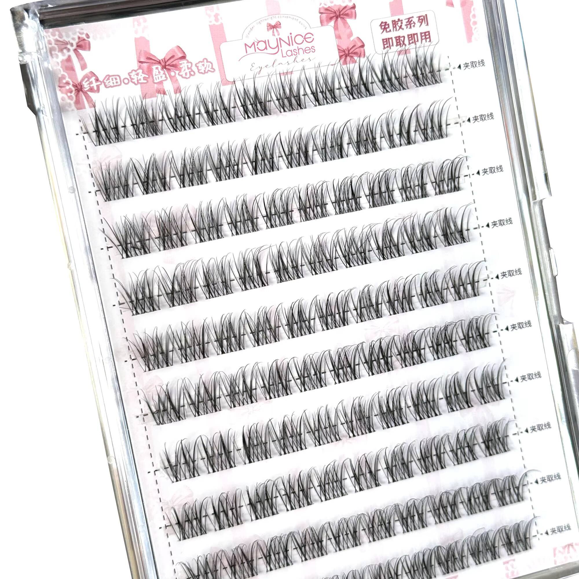 Hot Selling Luxury Clear Band Thin Base Press-on 3D Effect Cluster Eyelashes Custom Feather Style False Eyelashes