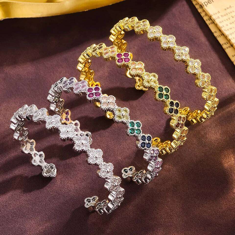 ZAKOL Colorful Zircon Five-leaf Flower Clover Open Bangle Bracelets for Women Luxury Shiny CZ Wedding Party Jewelry