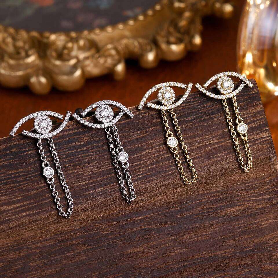 ZAKOL Trendy Turkey Evil Eye Zircon Inlaid Chain Tassel Earring Original Design Sliver Gold Color Wedding Party Ear Accessories