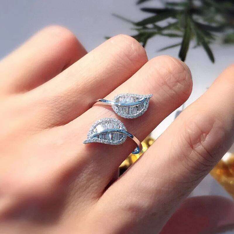 ZAKOL Luxury Leaf Adjustable Opening Rings for Women Silver Color Bridal Wedding Crystal Cubic Zirconia Fashion Jewelry