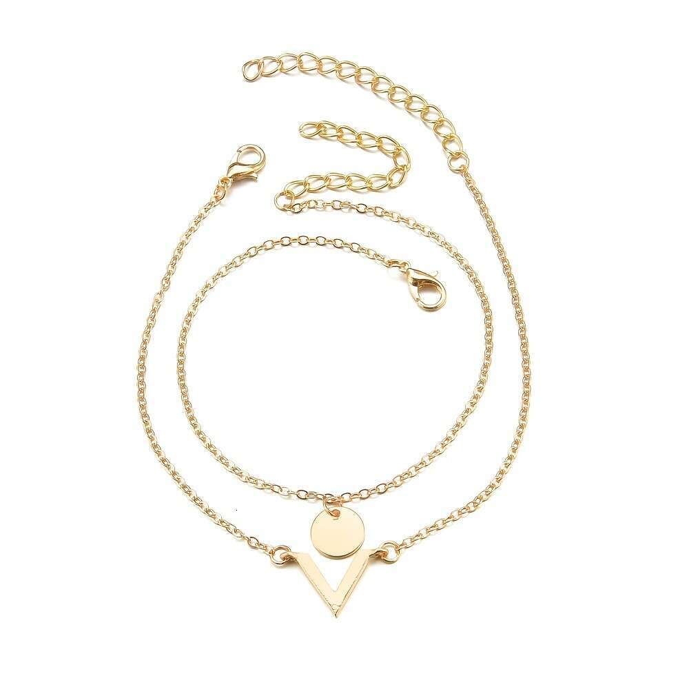 Fashion New V-Shaped Pendant Coin Charm Double-Layer Anklet Stainless Steel Simple Forest Style Jewelry for Women 2024