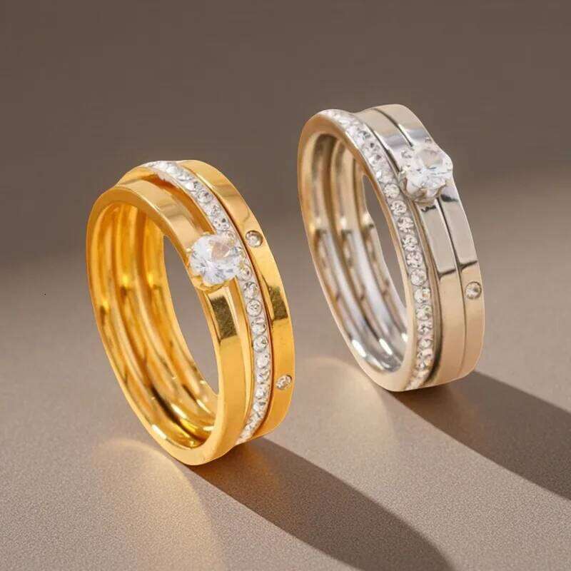 ZAKOL New Trendy Stainless Steel Ring For Women Three-Piece Set Zircon Classic Fashion Finger Accessory Jewelry Female Gifts