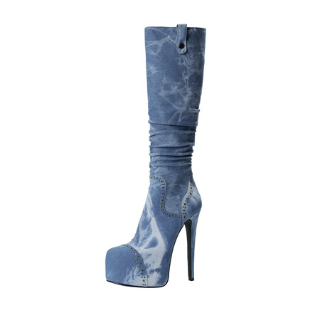 Chengdu Craftsmanship Distressed Denim Boots 20cm Total Height Stacked Fold Knee High Boots