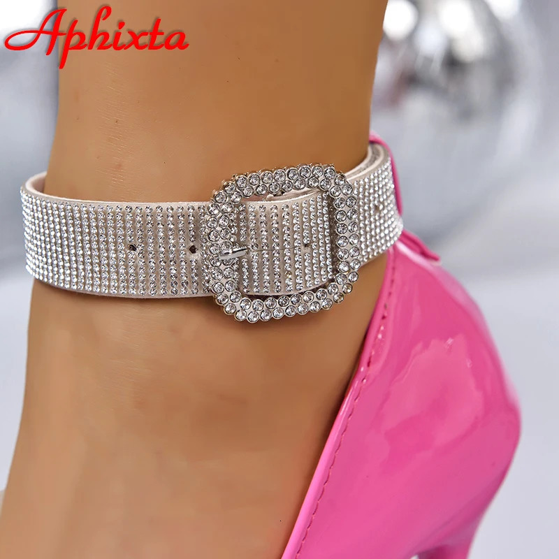 Aphixta Silvery Crystals 10cm Stiletto Heels Pumps 2cm All Crystals Strap Belt Buckle Pointed Toe Decor Big Size Available 48-53251222