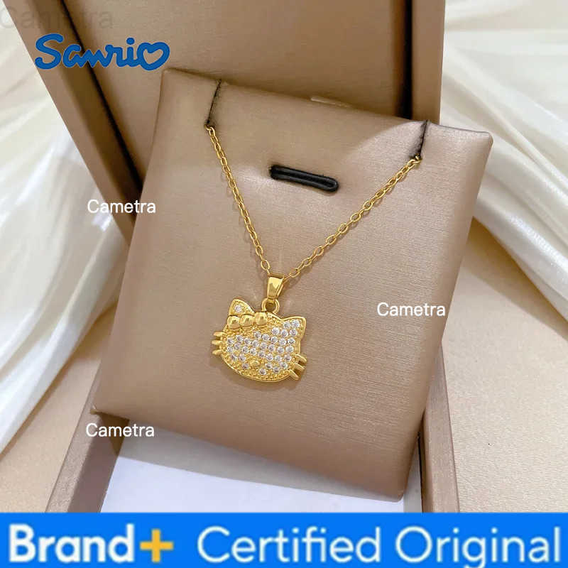 Sanrio Gold Color Luxury Zircon Hello Kitty Pendant Necklace Stainless Steel Chain Lovely Kitten Accessories Jewelry Gifts for Friends H251229