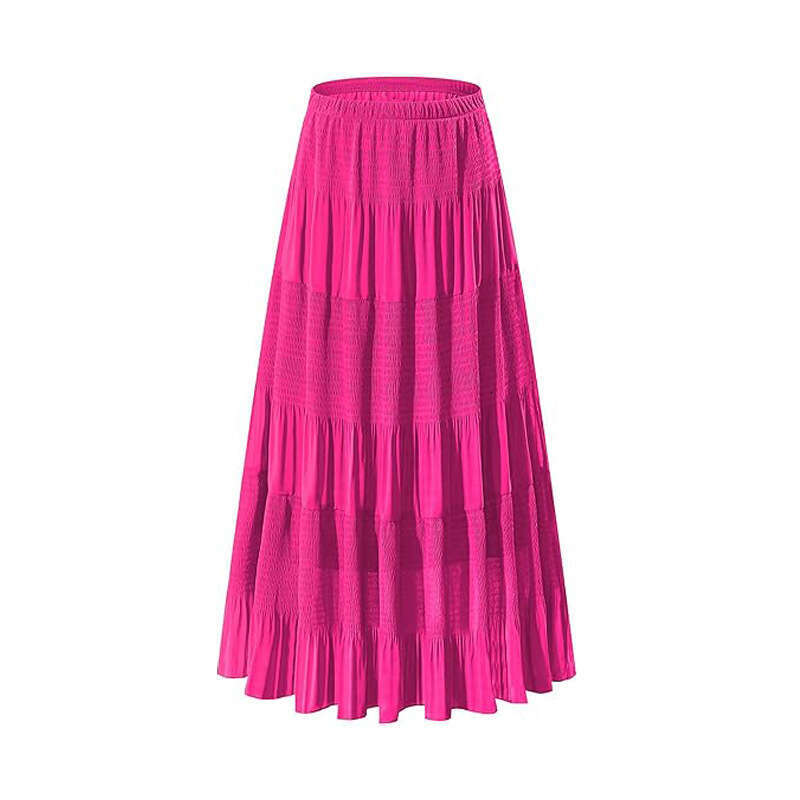 Women's Casual High-Waisted Elastic Waistband Ruched A-Line Flared Layered Long Half Skirt