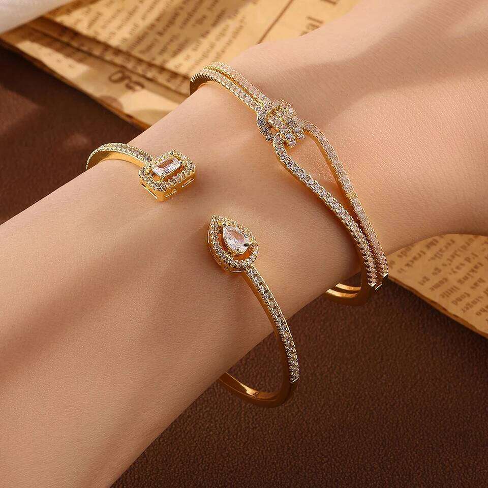ZAKOL 2 Pcs Brilliant AAA Cubic Zirconia CC Shape Open Bracelet Water Drop Crystal Zircon Bangle Women's Wedding Jewelry