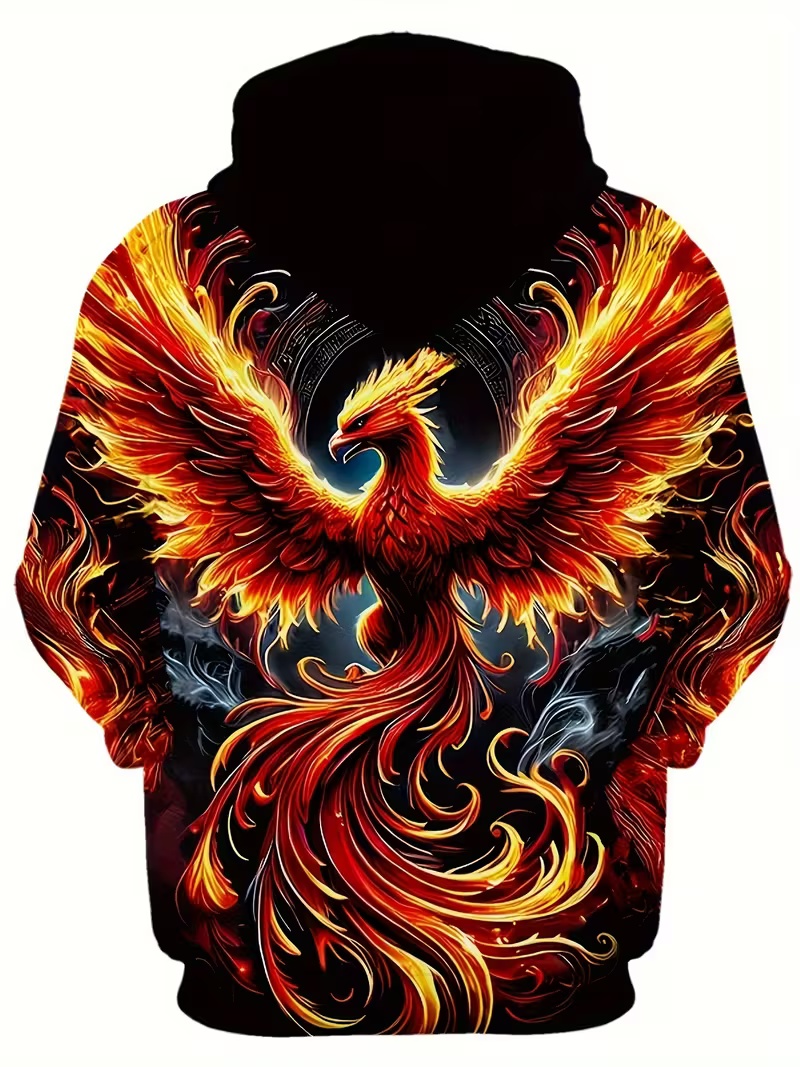 National Trend Men's Hoodie Fiery Phoenix 3D Print Red-to-Black Gradient Relaxed Fit Casual Streetwear Pullover Hoodie