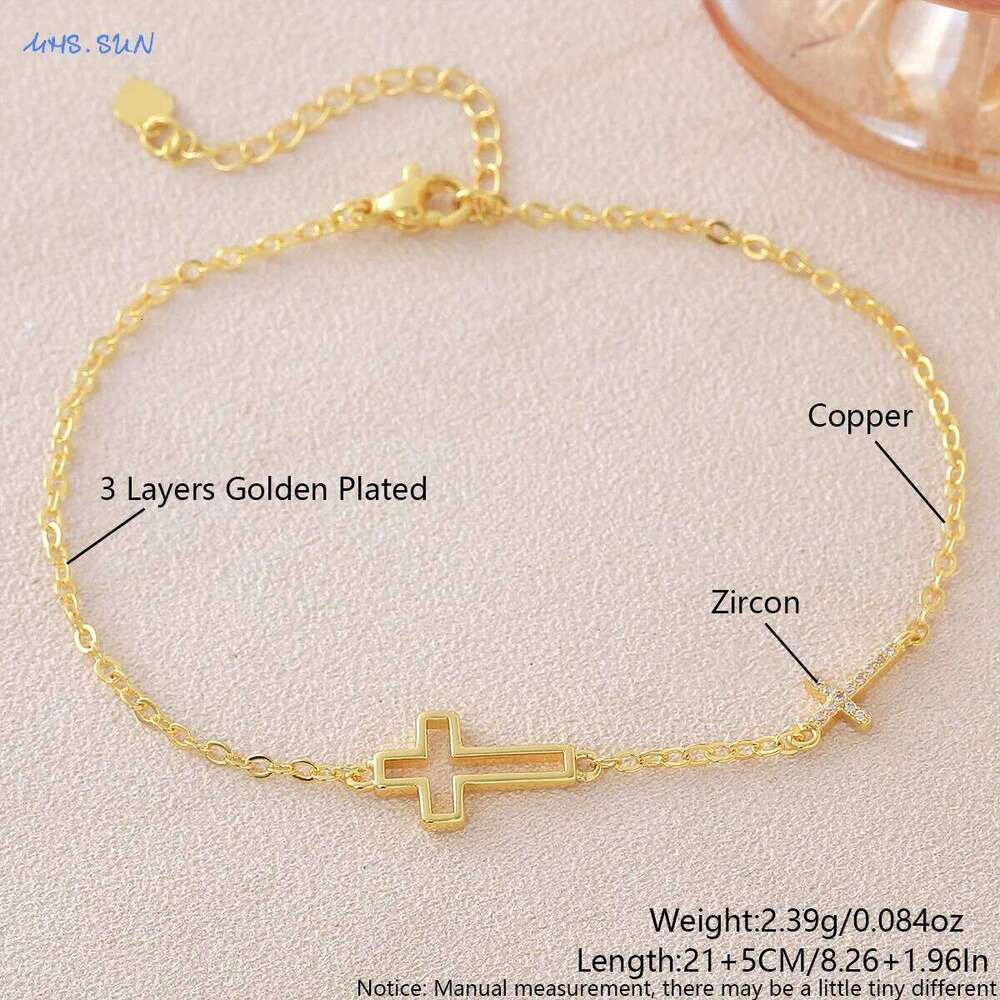 MHS.SUN 22K Gold Plated Cubic Zirconia Hollow Cross Chain Bracelets For Women Men Fashion Party Jewelry Gift New Designs 25H1229