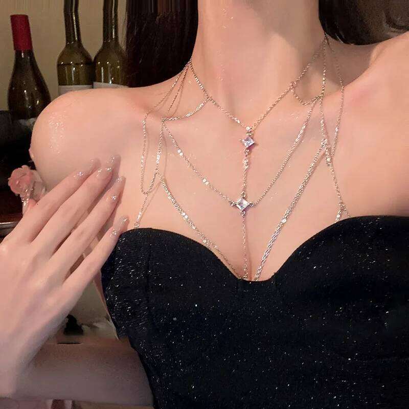 Luxury Square Crystal Chest For Women Multilayer Silver Color Metal Beads Zircon Body Chain Sexy Beach Bikini Jewelry Gift