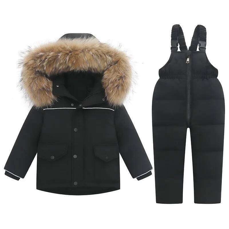 -30 Degree Winter Boys' Camouflage Down Jacket Waterproof Real Fur Girls' Ski Suit 1-5 Years Old Children's Snow Set SPLELED