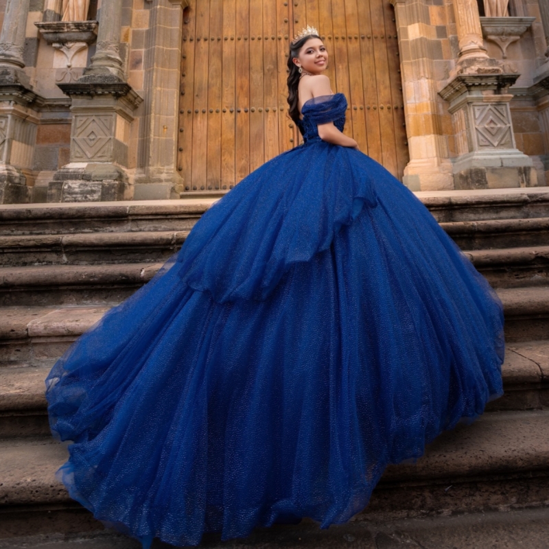Royal Blue Shiny Quinceanera Dresses Ball Gown Off The Shoulder Beading Crystal Corset Party Birthday Sweet 16 Dres Vestidos 15 Anos
