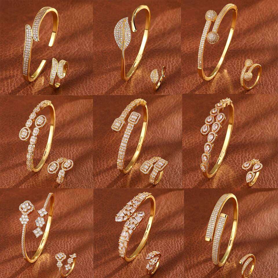 ZAKOL 9 Styles Golden Open Bracelet Ring Set Geometric Shiny Zircon 18K Gold Plated Middle East Wedding Party Jewelry
