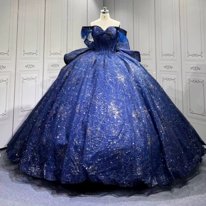 Navy Blue Shiny Quinceanera Dresses Ball Gown Off The Shoulder Sequin Applique Lace Beading Crystal Corset Party Birthday Sweet 16 Dres Vestidos 15 An